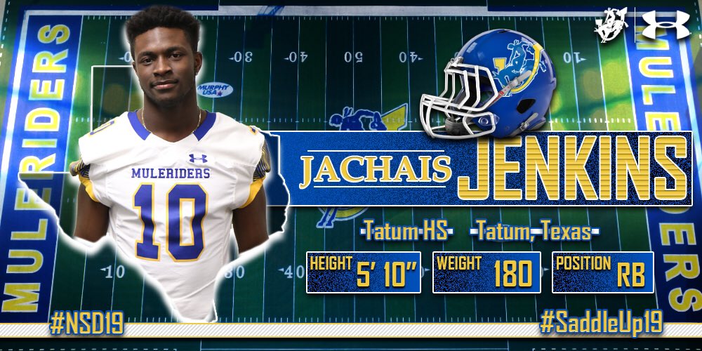 MuleriderSports's tweet photo. FB | #TatumX2 #BuildingTheBackfield adds a #LoneStarState running back to the stable! Congrats to Jachais Jenkins (Tatum HS) for signing an NLI to #SaddleUp with SAU Football in 2019! #GoMuleriders #LetsRide #NSD19 https://t.co/EEdE5Udsru