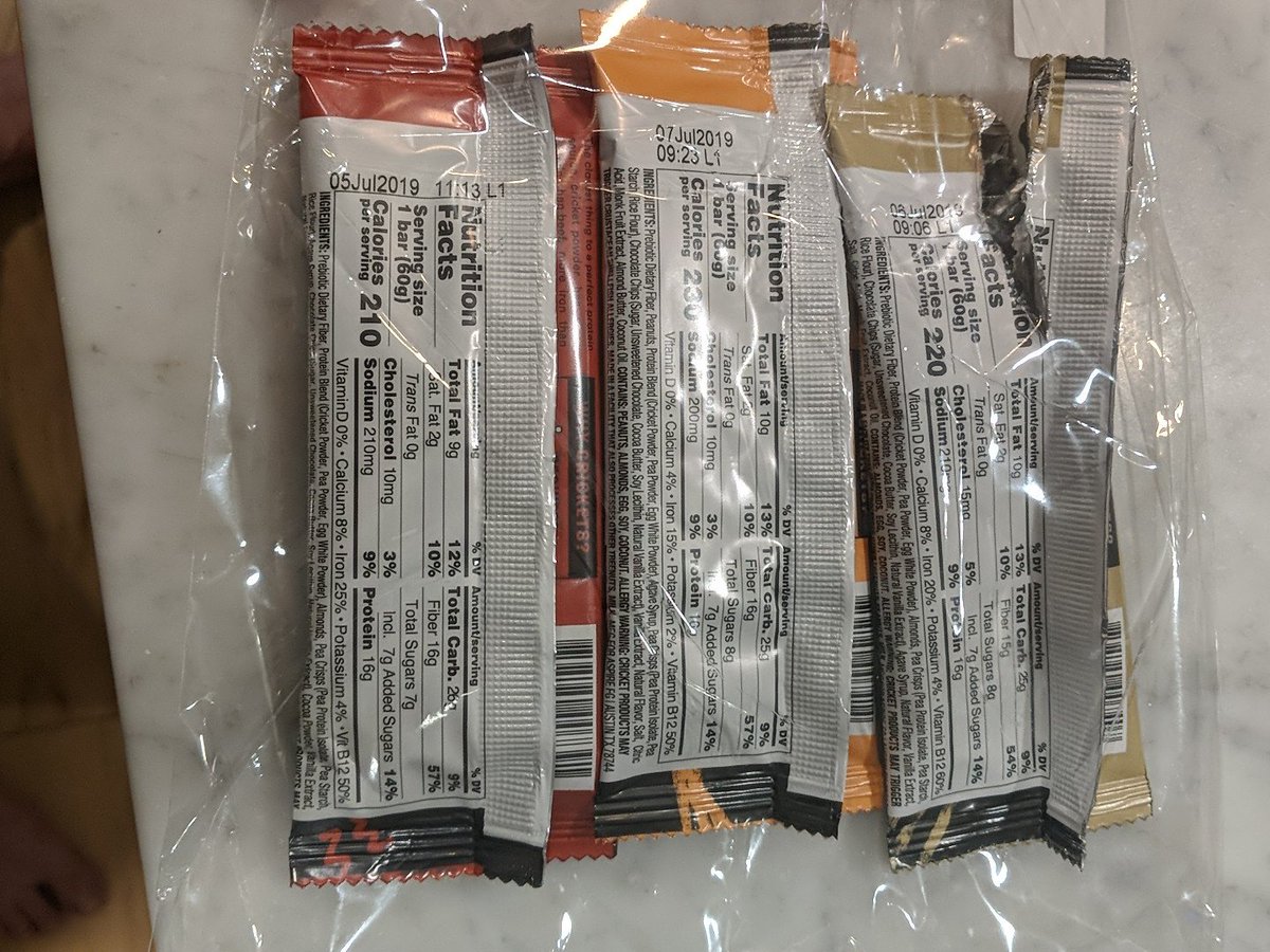 KCKlatt's tweet image. First time eating cricket! Only tried chocolate chip cookie dough so far - but as someone who is constantly disappointed in protein bars, these are pretty solid. #Foodies #Foodiechats #RDchat