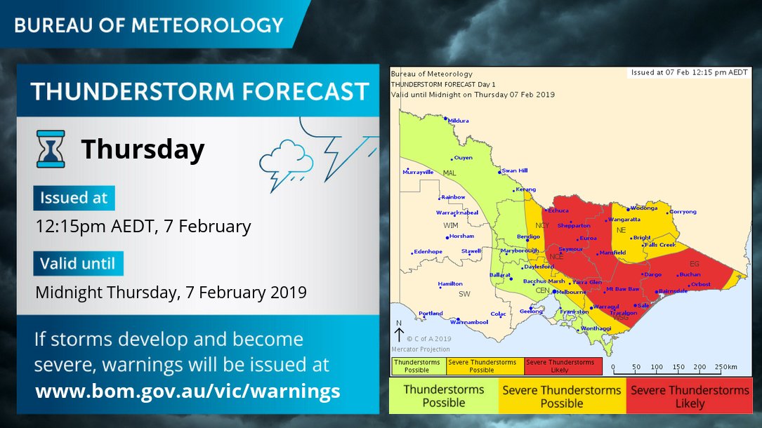🌩️ Thunderstorm forecast for today. Severe storms with heavy rainfall possible across much of northern/eastern #Victoria this afternoon and evening, most likely in the northeast and in Gippsland. Detailed forecasts here: ow.ly/7NXV50kLPLc