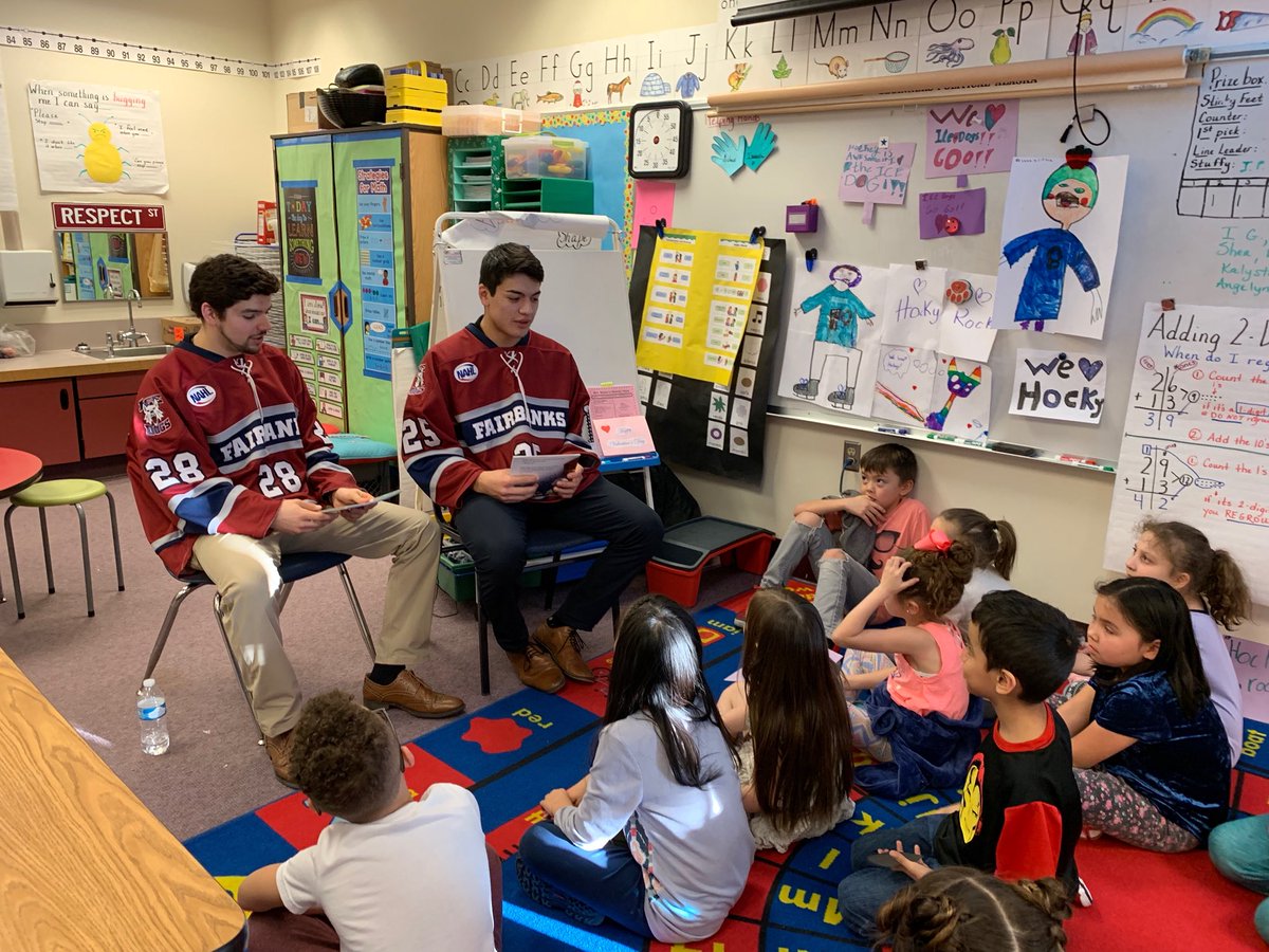 fbx_IceDogs's tweet photo. Hockey Week in Fairbanks continues. Our players spent time at Anne Wien Elementary School today reading to students there. #Community https://t.co/8naUXcXBAh