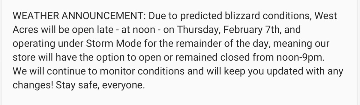 West Acres Mall On Twitter Weather Announcement For Tomorrow