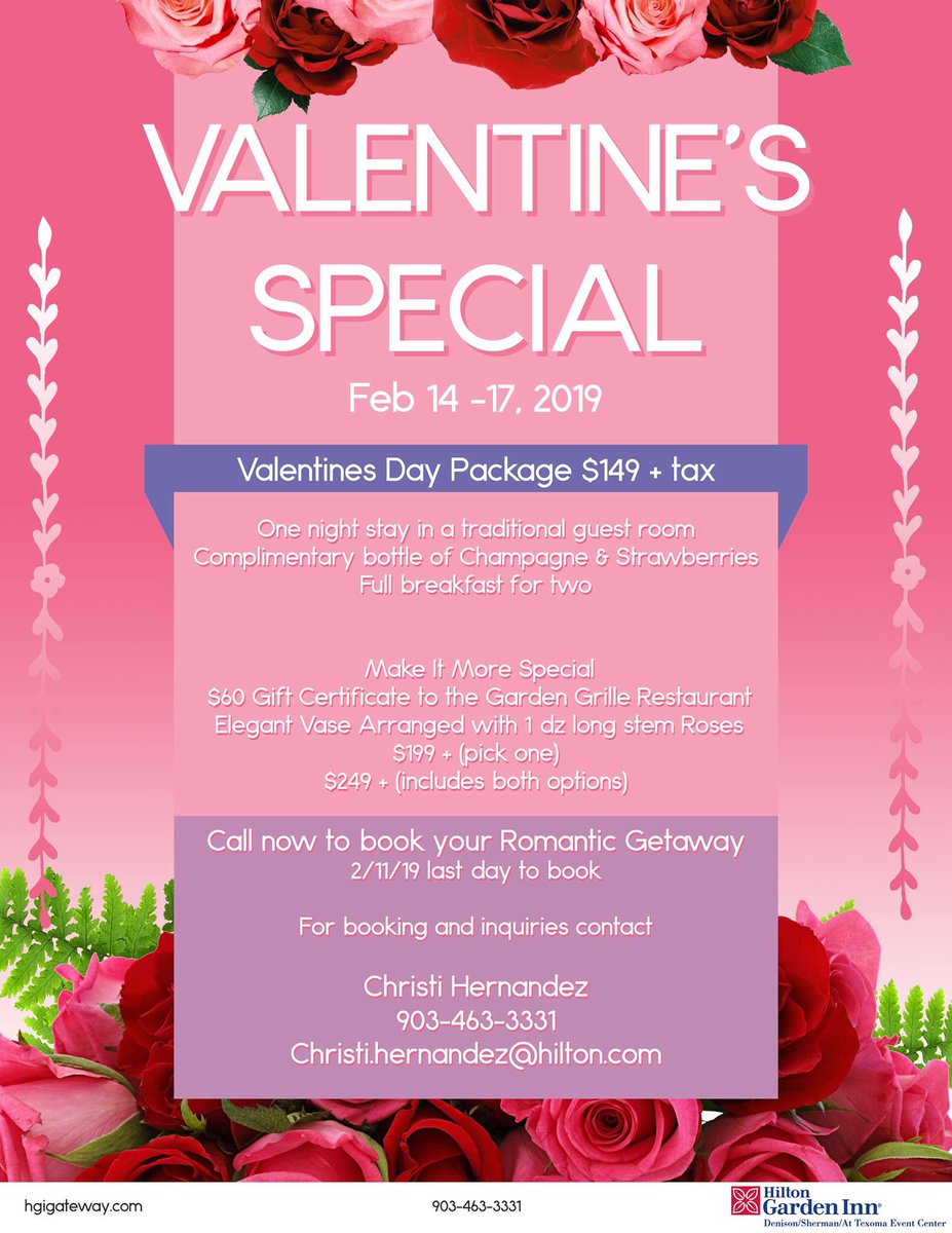 💌 DONT MISS OUT! 
🌹 Last day to book one of these Valentines Day packages is February 11th. Contact our Senior Sales, Christi, to help book your romantic getaway ASAP!

#ValentinesDay #meethappyhgi #hgitravel #denison #sherman