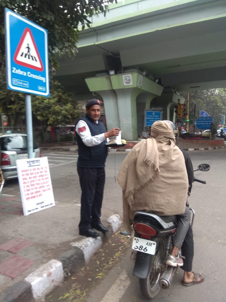 Today we organised road safety awareness programme with FM 92 .7 at IIT Flyover. Nitin khurapati anchor and TI Hauz khas inspector Mahavir Prasad were present and helmets distributed. Programme broadcast between 8.00 A.M to 10.A.M