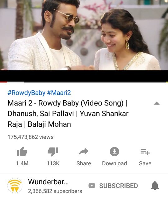 Dhanush Sai Pallavi Starrer Maari Two Rowdy Baby Video Song Becomes Most Viewed Tamil Song in Youtube