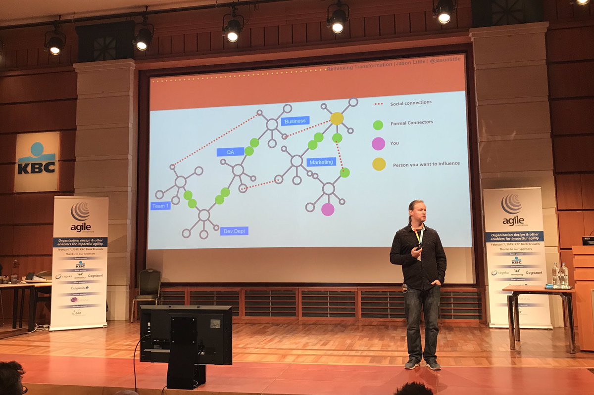 Hierarchy is not how stuff gets done. Social connections, that’s how you make progress. Not some big transformation plan. <a href="/jasonlittle/">jasonlittle</a> #ScaBru19