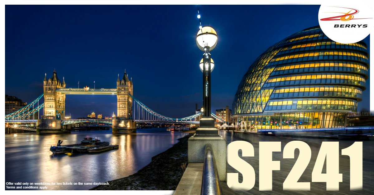 BerrysCoaches's tweet photo. Use code 'SF241' while buying a SUPERFAST ticket for travel till 15th February and get the other ticket Free! Enter the discount code at checkout online or mention it over the phone. Book direct on 01823331356 or visit https://t.co/v0Ck2rhDds #BERRYS #SUPERFAST #LONDON https://t.co/8mSFQ2B9Gj