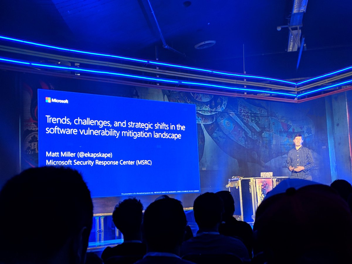 DFi_Security's tweet photo. Matt Miller now at #BlueHatIL Trends about software vulnerability mitigation https://t.co/RlByYHrSW7