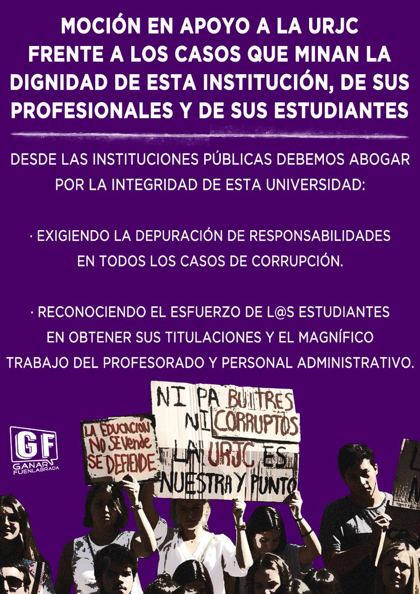 GanarFuenla's tweet photo. En una moción a favor de la universidad pública y específicamente de la #URJC y totalmente apartidista, tan sólo el PP puede no ofrecer su apoyo. 
Agradecemos al resto de fuerzas su respaldo emitiendo su voto favorable para que esta moción salga adelante. https://t.co/aTXYL7CU47