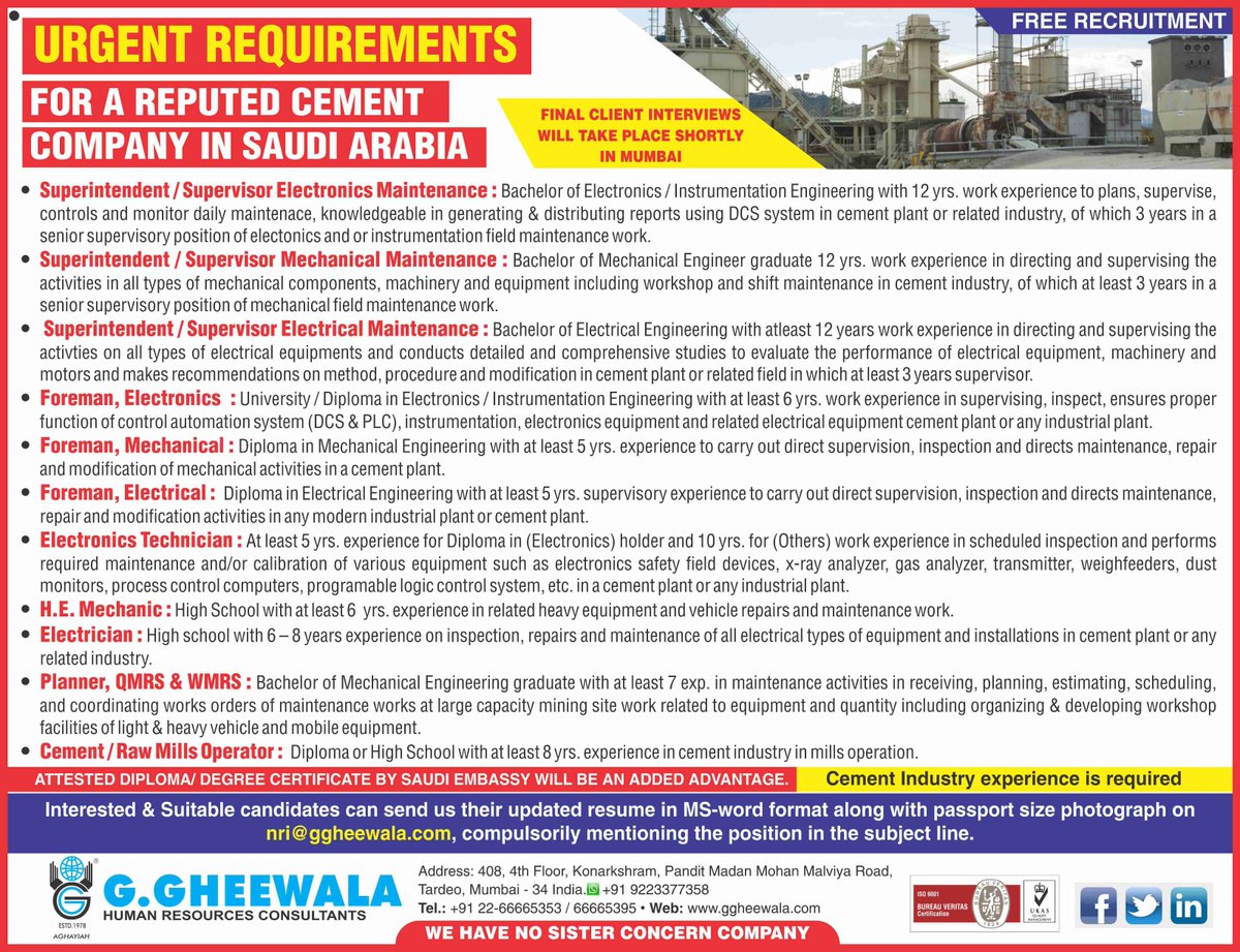 ggheewala1's tweet photo. #cement #superintendent #supervisor #electronics #maintenance #mechanical #electrical #foreman #technician #HE #mechanic #electrician #planner #QMRS #WMRS #Raw #Mills #operator https://t.co/RdwsVQbws2