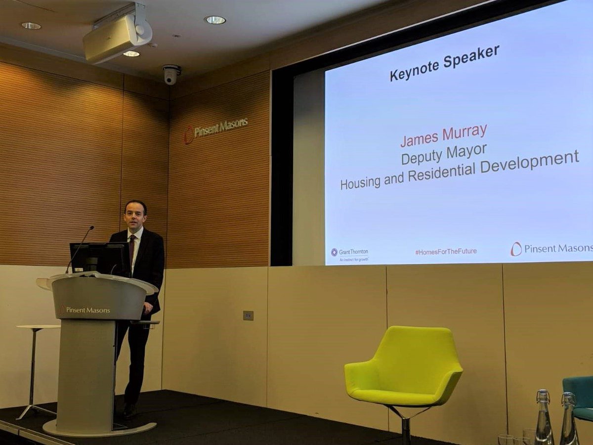 According to our keynote speaker <a href="/jamesmurray_ldn/">James Murray</a> increasing the no of affordable homes is not an optional extra. Asks of gov: greater control of #SocialHousing budgets, flexibility on #righttobuy receipts for councils, capacity to intervene in the land market #HomesForTheFuture