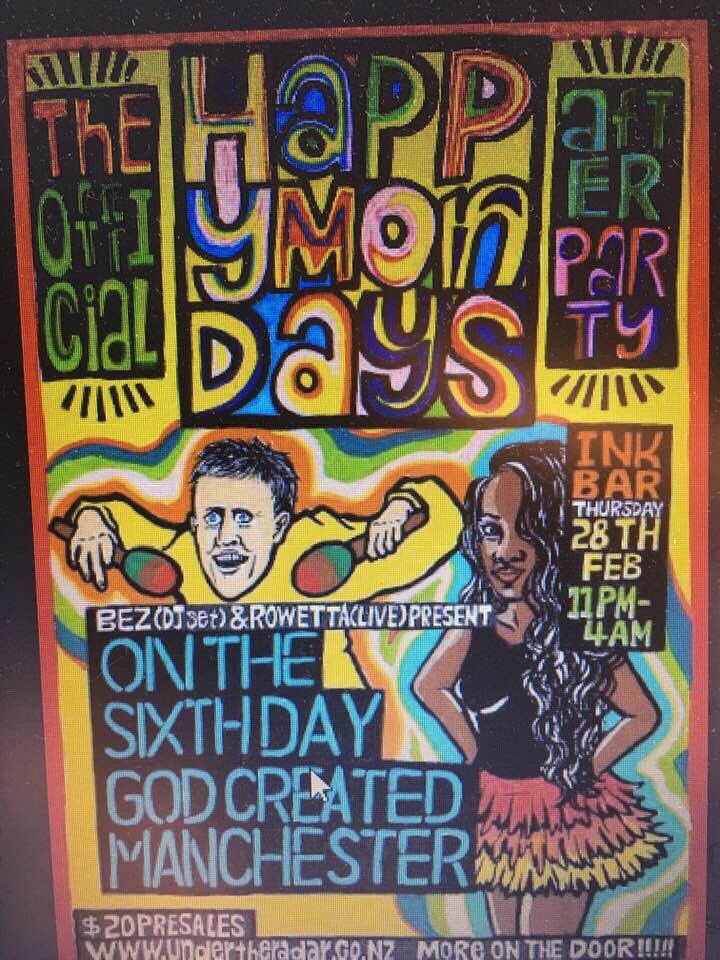 Rowetta's tweet photo. Happy Mondays - Auckland Official After Party!
InkBar is hosting the official afterparty for Happy Mondays on February 28th
Bez and Rowetta will be hosting their seminal party " On The 6th Day God Created Manchester" + a special DJ tba #HappyMondays #Auckland #NewZealand #InkBar https://t.co/aVLmIZIv6m