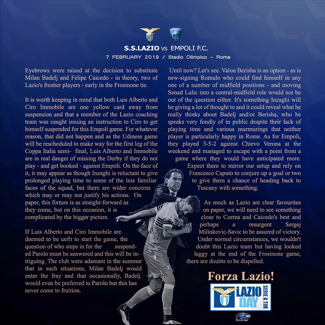 Lazio_Land's tweet photo. Our #MatchDay Preview is here! Join us for another exciting must win #SerieATIM clash where we anticipate the debut of new signing #Romulo Caldeira #ForzaLazio π¦
ππͺ #LazioEmpoli #LazioDay #LazioLand #CMonEagles #PresenteForYou #SerieA https://t.co/Z1zNjpGo0m