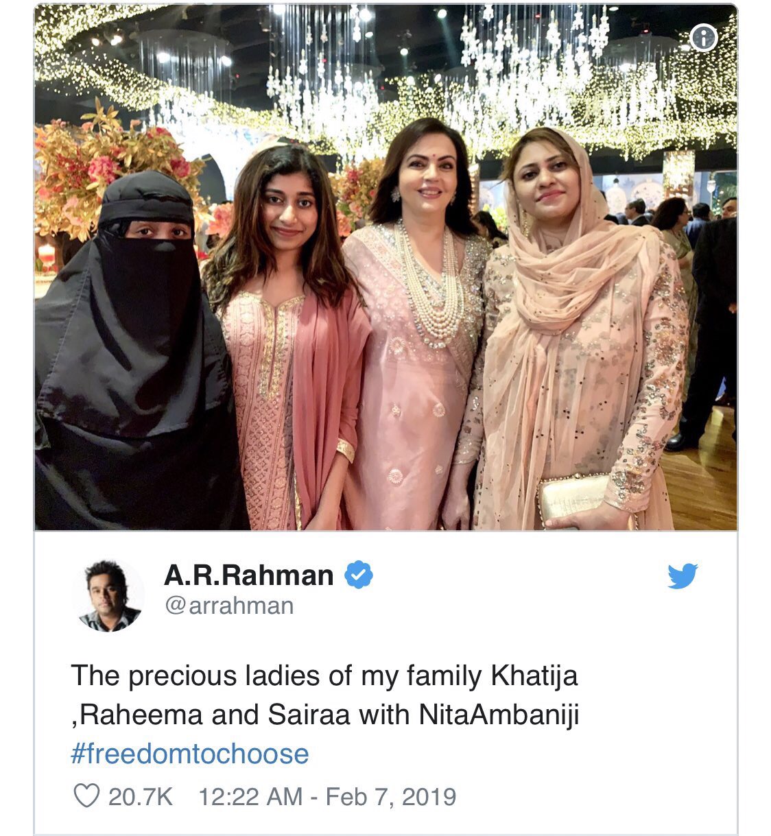 JK on X: "AR Rahman has two daughters and a wife. Only one of the three  women chose to wear a niqaab. So does he really deserve the flak for it?  Via @