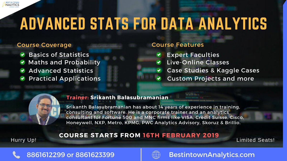 New batch of #AdvancedStatistics Program is going to start from 16th of this Month. Interested Candidates fill the form: goo.gl/forms/Wx3YLA3B… #MachineLearning #DataScience #DataAnalytics