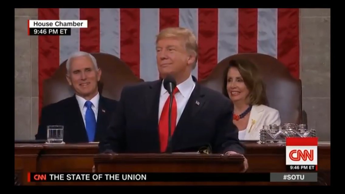 INFOwarsArmyPod's tweet photo. 👀 Obviously I'm going through #SOTU2019 again, noticing little gems like these two looking @POTUS like they're in love. Look at'em! He charms all!
And instead of being cynical are whatever, I thought how it would be if they all gave POTUS a chance and stopped with the politics. https://t.co/2hzYJUHuIF