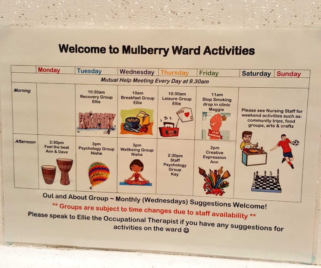 #mulberryward activity timetables are now up on the ward and due to commence next week! #OccupationalTherapy #gmmhot #gmmh #activities