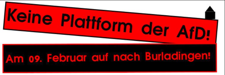 Am Samstag wollen die Rechtsaußen der AfD im schwäbischen #Burladingen tagen. Wir rufen zu Gegenprotesten auf! Zugtreffpunkt: 11:15 Uhr, Tübingen Hbf. Mehr Infos bei der Antifaschistischen Aktion [Aufbau] Tübingen: antifaaufbautue.blogsport.de/2019/02/07/bur… #noAfD