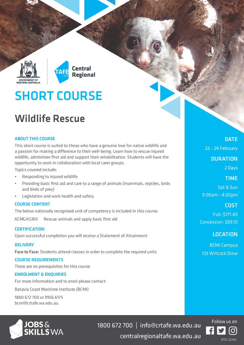 CRTAFE_BCMI's tweet photo. Do you have a genuine love for native wildlife and a passion for making a difference to their wellbeing? Learn how to rescue injured wildlife, administer first aid and support their rehabilitation during this 2 day course (23-24th Feb) https://t.co/JT1iVPuqzb
