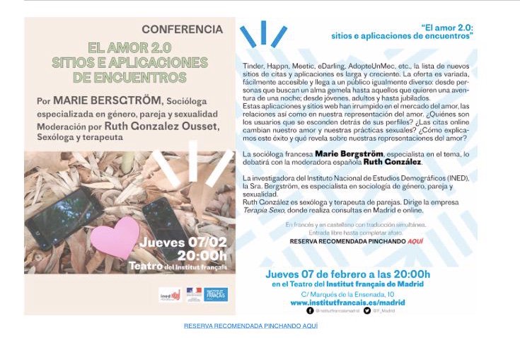 ousset's tweet image. ;-) Liguemos por dating apps hoy a las 20:00 en el Institut français de Madrid bit.ly/2Shdf2k