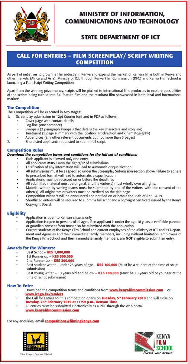 JamboAfricaKE's tweet image. Everything you need to know about the @MoICTKenya script Writing competition : kenyafilmcommission.com/index.php/comp…
#BestScriptKE