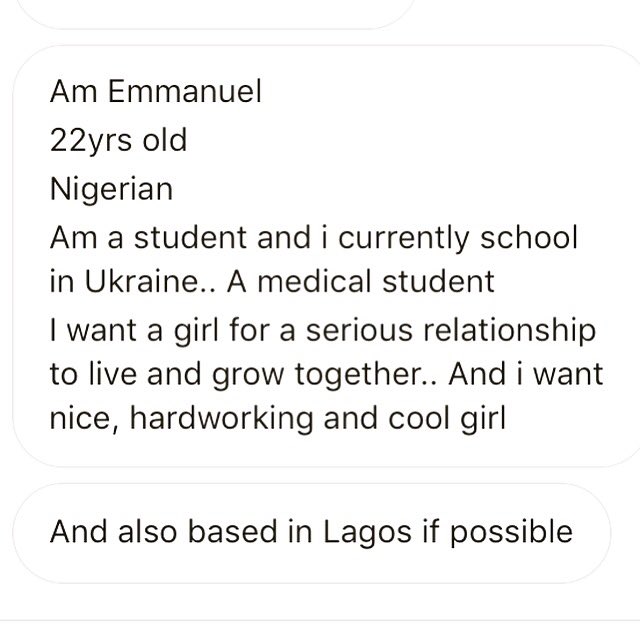 hookupfriday's tweet photo. Am Emmanuel
22yrs old
Nigerian
Am a student and i currently school in Ukraine.. A medical student
I want a girl for a serious relationship to live and grow together.. And i want nice, hardworking and cool girl
And also based in Lagos if possible https://t.co/aLaZdX7eKe