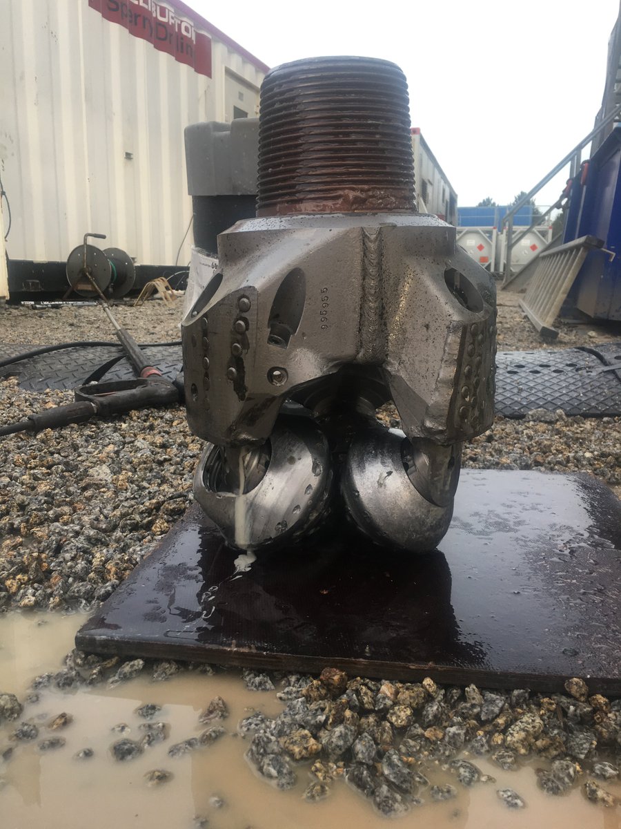 uniteddownsgeo's tweet photo. Well.... the #granite is definitely fighting back!! Today we're at 2,550m after tripping out yesterday to change this destroyed bit! This is bit no.13, inserts made of #tungstencarbide! Slow but steady progress #geology #destroyed #drilling #deepgeothermal https://t.co/qmXiuQ0c55