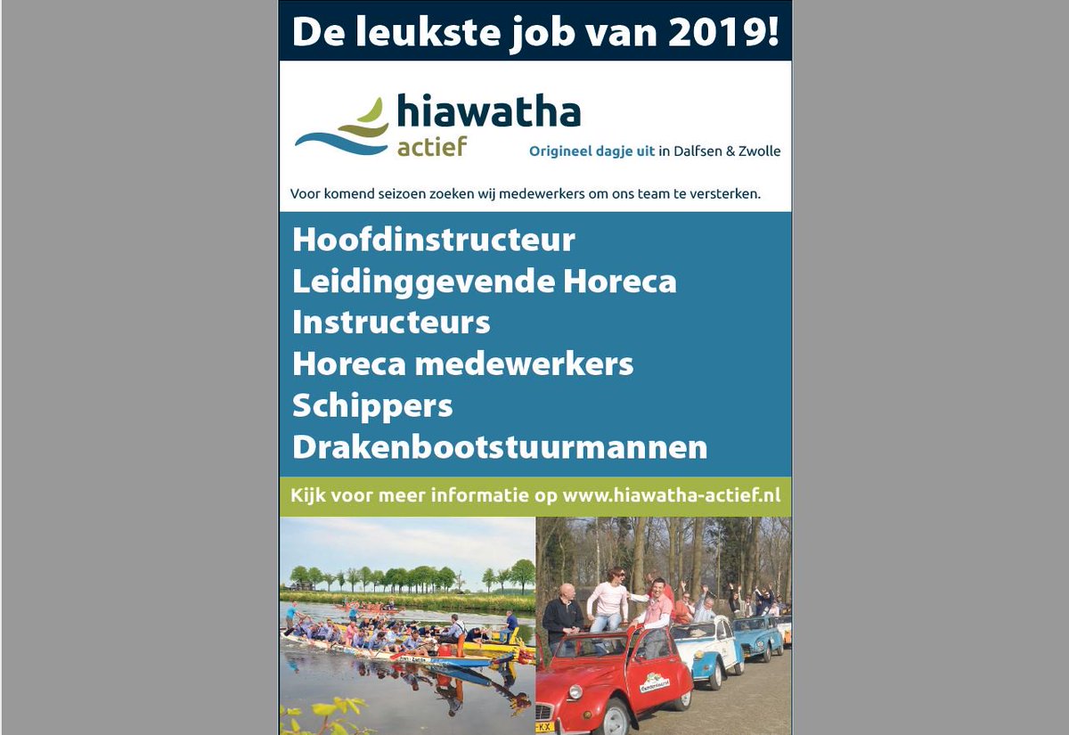 Wie komt ons team versterken komend seizoen. Voor een ambitieuze hoofdinstructeur hebben wij een baan jaar rond. Meer info:hiawatha-actief.nl/de-leukste-job/