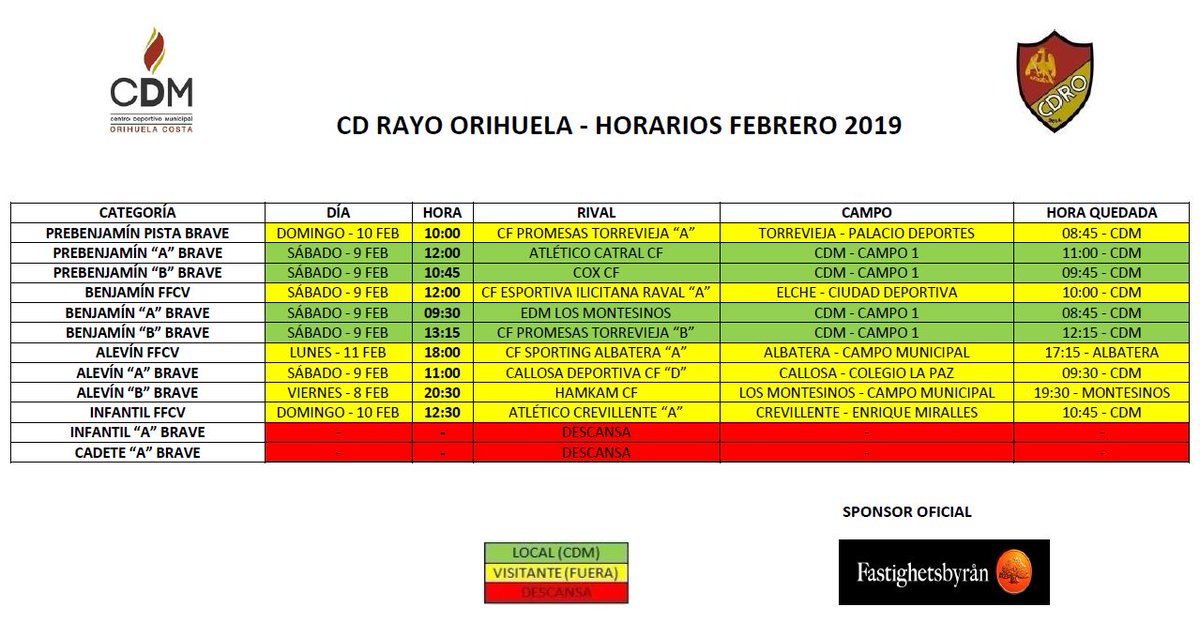 Horarios partidos fin de semana 9 y 10 de febrero de 2019. #CDM #OrihuelaCosta #RayoOrihuela #EscuelaDeFútbol #Fútbol #FinDeSemana