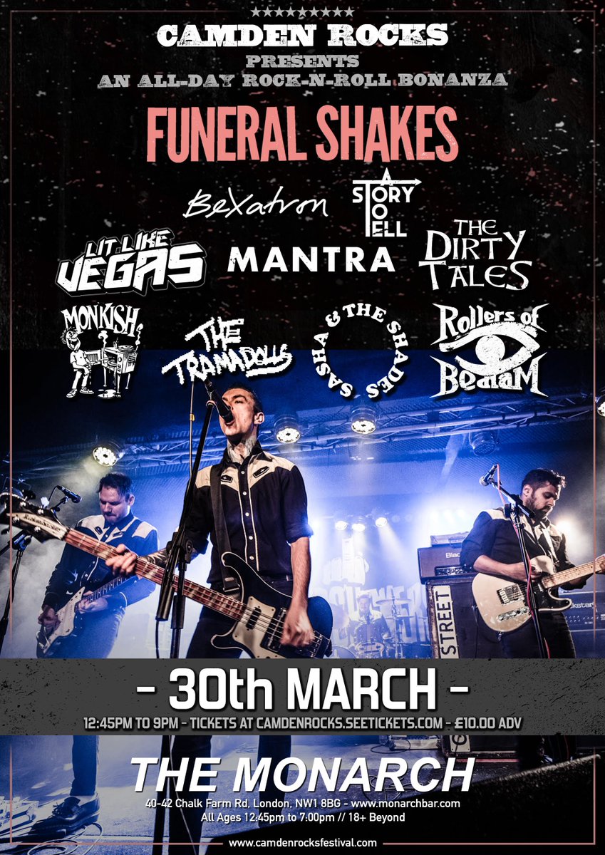 CamdenRocksFest's tweet photo. ⚠️ ON SALE ⚠️ Join us for an all-day #rocknroll bonanza feat. @FuneralShakes @_Bexatron @AStoryToTellUK @LLVband @MantraTweeter @Dirty_Tales @MonkishPunk &amp; more at @CamdenMonarch on March 30th. Head to the event for info &amp; tickets 👉 https://t.co/syeu4YLmDw https://t.co/QT9r3sICCp