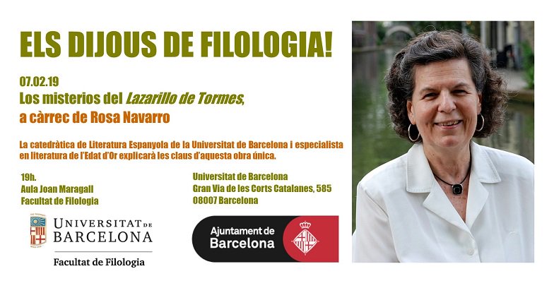 FilComUB's tweet photo. Aquesta tarda comencen 'Els Dijous de Filologia!', una proposta impulsada per @FilologiaUB amb la col·laboració de @bcn_ajuntament. Veniu a escoltar com la catedràtica Rosa Navarro ens explica els misteris del 'Lazarillo de Tormes'.
🕒19 h.
📍Aula Joan Maragall.
📢Obert a tothom. https://t.co/54SHNWuVf3