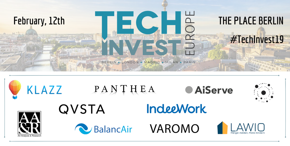 Digitalbiznews's tweet photo. Tech Invest Berlin Feb 12th
10 European startups will pitch during #TechInvest19
@Klazz_com @_TheatreinParis #Panthea @AiServe_tech @polygravity #ArtAnalysisResearch #QVSTA @IndeeWork #BalancAir #VaromoUG @lawio_de
Secure your seat now and register here https://t.co/Diu6ZdPjVo https://t.co/tZ4xIJ1goD