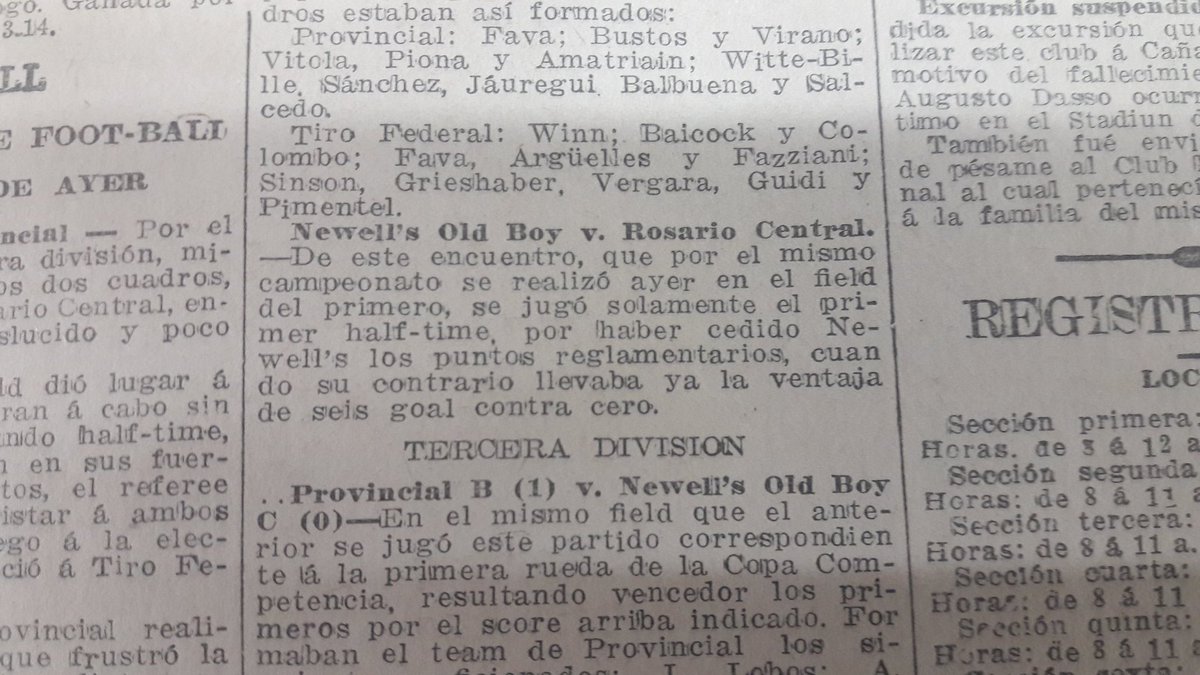 CENTRAL vs Nob.
17 de octubre de 1915.
Por la segunda rueda de la Copa Vila de ese año, En el parque Independencia, Central vence 6 a 0 a Nob, todos los goles durante el 1er tiempo.
Por lo que el local decide ceder los puntos y no presentarse a jugar el tiempo complementario.