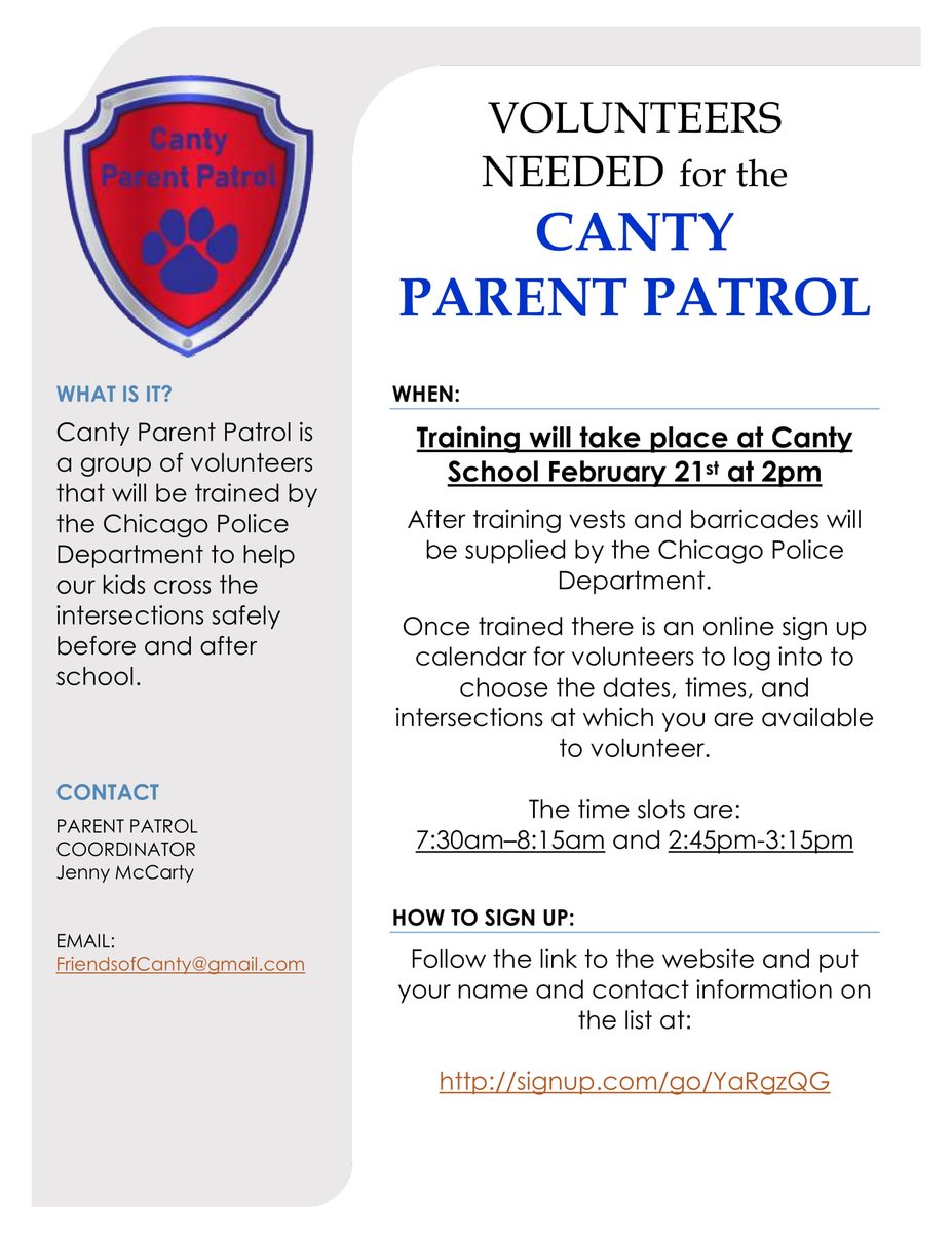 Volunteers Needed for the Canty Parent Patrol - Follow the link to the website and put your name and contact information on the list at: signup.com/go/YaRgzQG

cantyschool.org/news--announce…