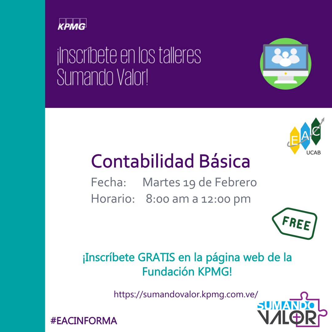 La Fundación KPMG Venezuela nos invita a sus talleres Sumando Valor del mes de febrero.
Puedes inscribirte de forma GRATUITA a través de su página web, aprovecha las oportunidades de formación 👍
.
#EACinforma #oportunidadFormación
#UCAB #UCABISTAS #talleres
#KPMG #sumandovalor
