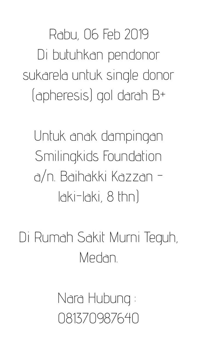 Medan. Dibutuhin pendonor apheresis gol darah B+. Semoga ada yang berkenan, terima kasih.