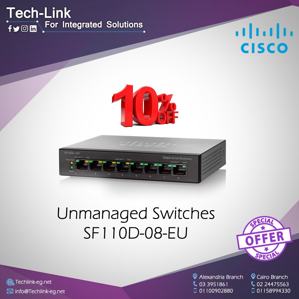 TechLink1997's tweet image. ✨ Register now and get our special offer on one of 3 #Cisco switches from #TechLink .💪👍
SF350-24-K9-EU
SF200-24FP-EU
SF110D-08-EU
bit.ly/2Guyjwb
The Offer is limited. Hurry up and Buy your switch
#Cisco_Egypt #Cairo
