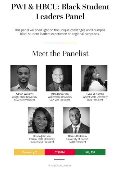 univofdayton's tweet photo. Celebrate #BlackHistoryMonth with two events today! Join @UDsOMA for lunch and @BATU_UD for their Black Student Leaders panel tonight. Find more information: https://t.co/uTgwiNBgoR https://t.co/p5sKPadkoi