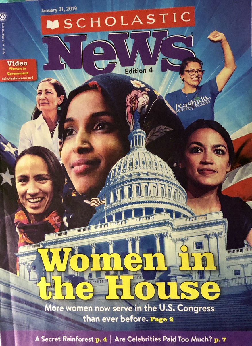 Scholastic News Cover graphic “Women In The House” - US Capitol surrounded by photos of Congresswomen Davids, Haaland, Omar, Tlaib & AOC