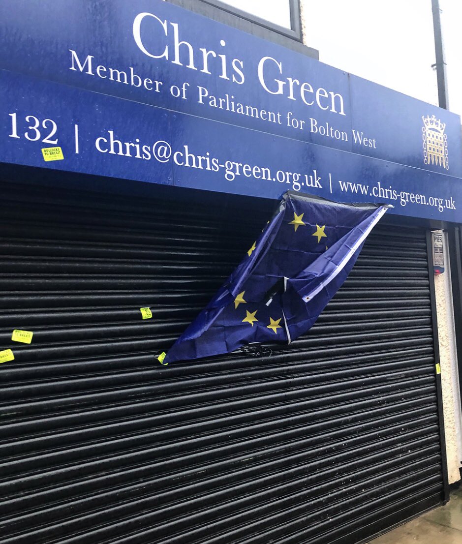 CGreenUK's tweet image. With Donald Tusk condemning Leave voters to hell and Guy Verhofstadt saying that we’d divide Lucifer from his minions, we can see how the European Union leadership are toxifying the debate over Britain’s democratic future. This is the vandalism I found at my office this morning.