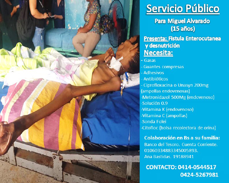 LeferSmith's tweet photo. #7feb #ServicioPúblico | Ayudemos a Miguel Alvarado quien presenta fisura enterocutanea y desnutrición. Esta recluido en el Hospital Miguel Oraa de Guanare Contacto: 0414-0544517 / 0424-5267981 #AyudaHumanitariaYa https://t.co/KvWnTMthSq