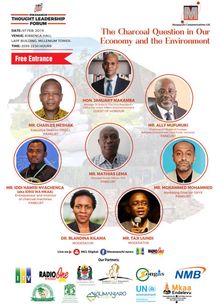 TFCGtz's tweet photo. Please do not plan to miss special event organised by Mwananchi Communications on the "Charcoal Question to the Economy and the Environment' today on 7th Feb 2019 at the Kissenga Conference Center, LAPF Building. You can also follow it on ITV, Radio one and Mwanachi digital. https://t.co/4ObPvBAFuW