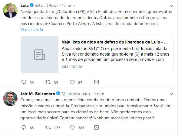 Minha TL tá assim: Enquanto um está levantando cedo pra trabalhar, o outro não pode fazê-lo, então o que ele faz????
 #LulaLivre2043