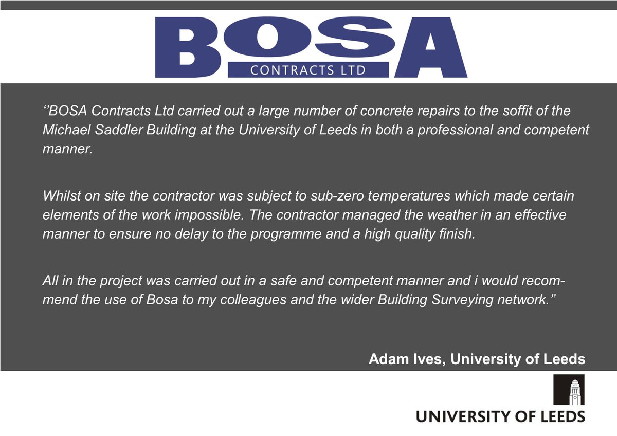 Fantastic testimonial from <a href="/UniversityLeeds/">University of Leeds</a> on the concrete repairs we recently completed to the soffits on their Michael Saddler Building. Thanks guys, nice to see happy clients! #leedsuniversity #soffitrepairs #concreterepairs #testimonial