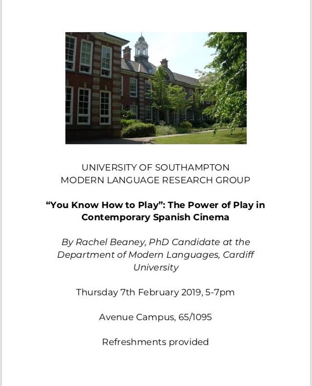 Don’t forget- we have <a href="/SWWDTP/">SWWDTP</a> student @rachbeanz speaking at our seminar today on children in Spanish film at 5pm. Refreshments provided and all welcome to what is going to be an amazing talk!