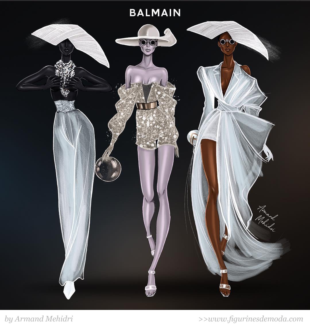 FigurinesdeModa's tweet photo. 3 looks de la colección de moda de BALMAIN COUTURE 
en esta original ilustración de moda creada por Armand Mehidri .
El fondo o background de las ilustraciones de moda también puede ser negro 🖤
https://t.co/sandp2hsNs #disenodemoda #figurinesdemoda #MaestrosDeLaCostura https://t.co/19cKvBrfXJ