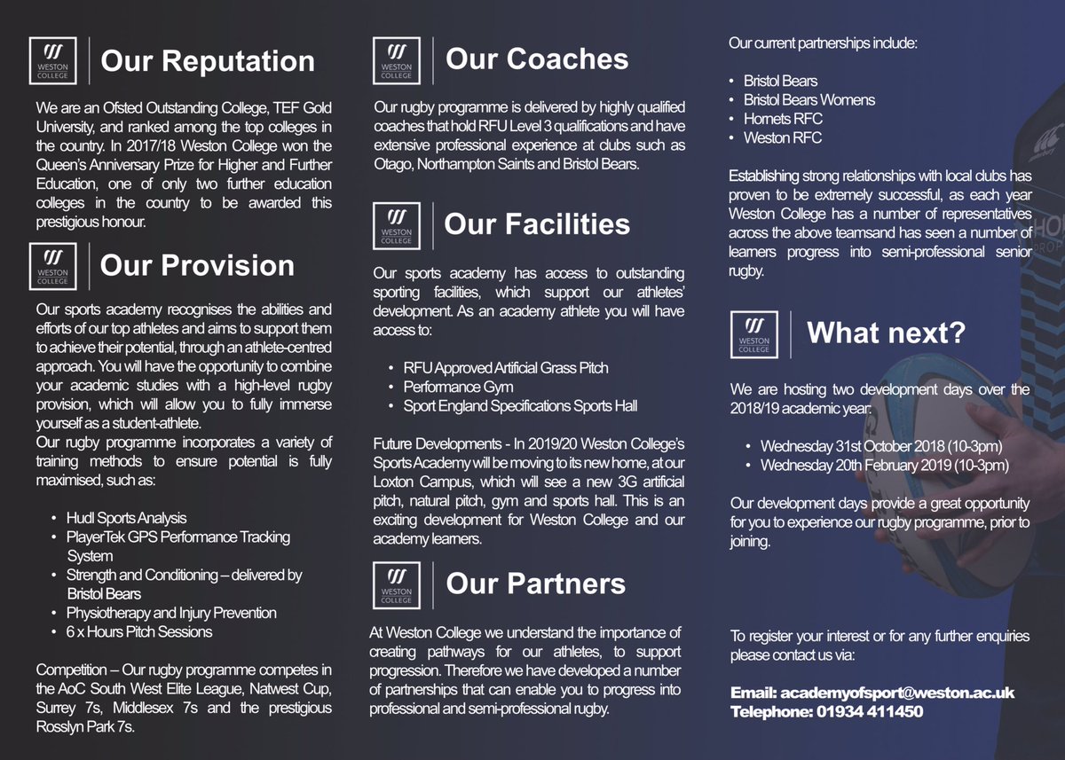 SportWeston's tweet image. 🏉🏉Rugby Development Day🏉🏉

📆 Wednesday 20th February 

⏰ 10:00-15:00

🏠 NSETC School, BS24 8EE

🚹 🚺 Year 10/11

Including tasters in:
S+C
Analysis
Playertek 
On field coaching - Ran by our RFU level 3 coaches

For further enquiries contact academyofsport@Weston.ac.uk