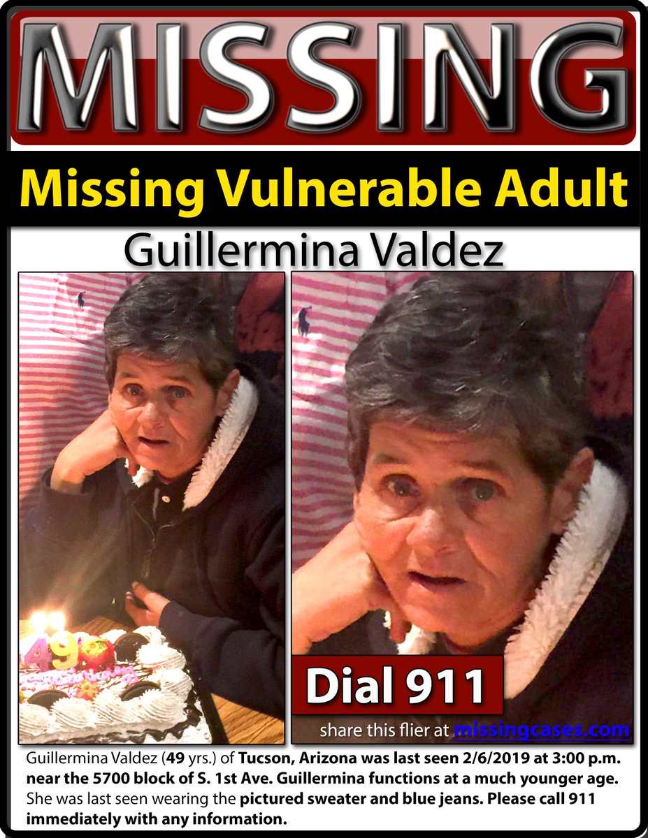 FindIsabelCelis's tweet photo. Good Morning @ChiefCMagnus, I saw the #Facebook post by @Tucson_Police regarding a #Missing Vulnerable Adult. She is Guillermina Valdez (49 yrs.) of #Tucson, #Arizona &amp; was last seen 2/6/2019. I posted a flier to #Facebook. Please share, ASAP! https://t.co/BU9SYWiaHn @Steve_Raw https://t.co/qbCHF1fqCx