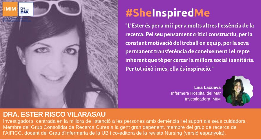 #SheInspiredMe | <a href="/LaiaLacueva/">Laia Lacueva🎗️</a> destaca la figura d'<a href="/ester_risco/">Ester Risco Vilarasau</a> com a referent de la recerca infermera i la seva implicació en la millora social i sanitària.

#11Feb ##DonaiCiència 
<a href="/hospitaldelmar/">Hospital del Mar</a> <a href="/the_prbb/">Biomedicina BCN</a>