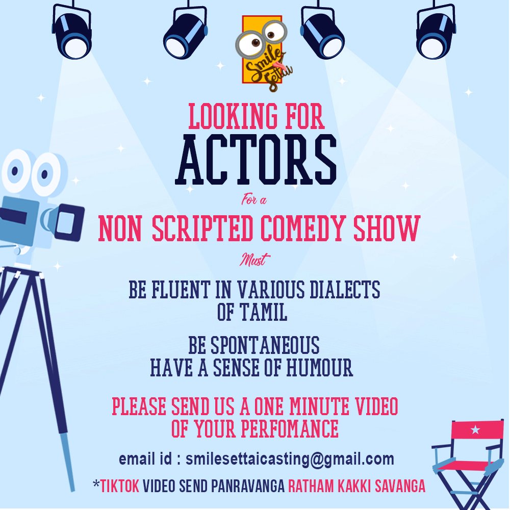SmileSettai's tweet photo. Calling to All the new faces &amp; talents out there!
Here is a chance to be featured in Smile Settai..

Send in your videos to smilesettaicasting@gmail.com

#CastCalling #SS https://t.co/nG5bPShx81