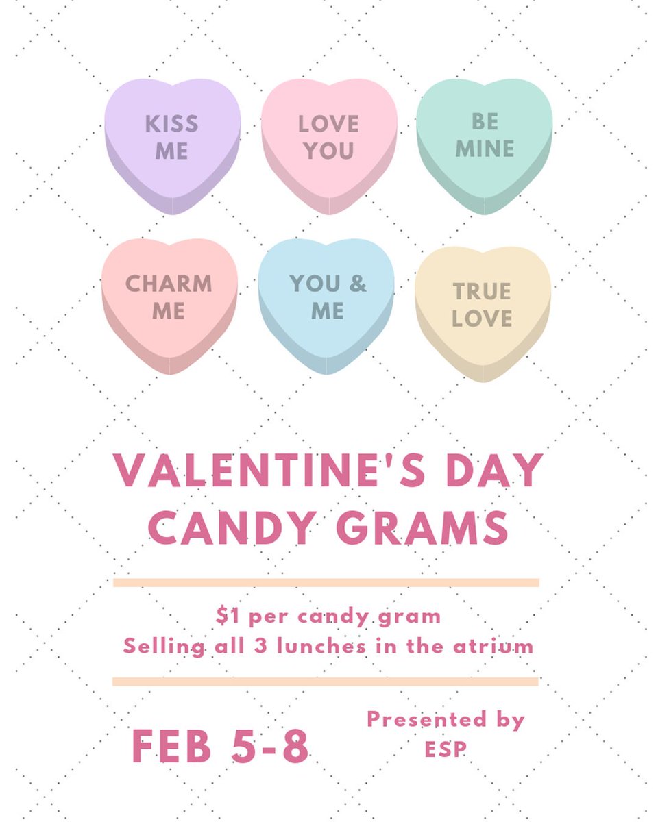 Valentine's Candy Grams are on sale this week for $1. Come on down to the atrium during all 3 lunches to buy a sweet treat for yourself or a friend!